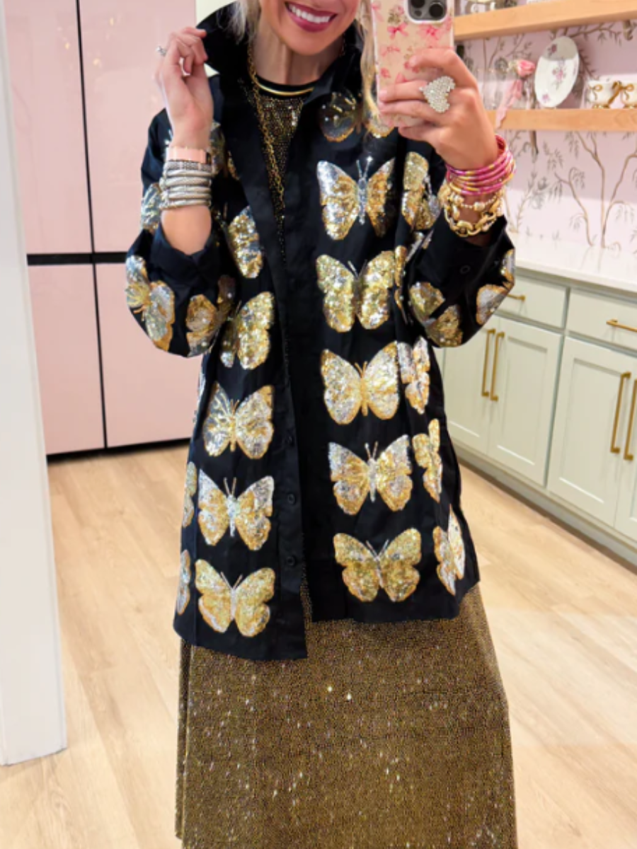 Golden Butterfly-Embellished Laps Coat