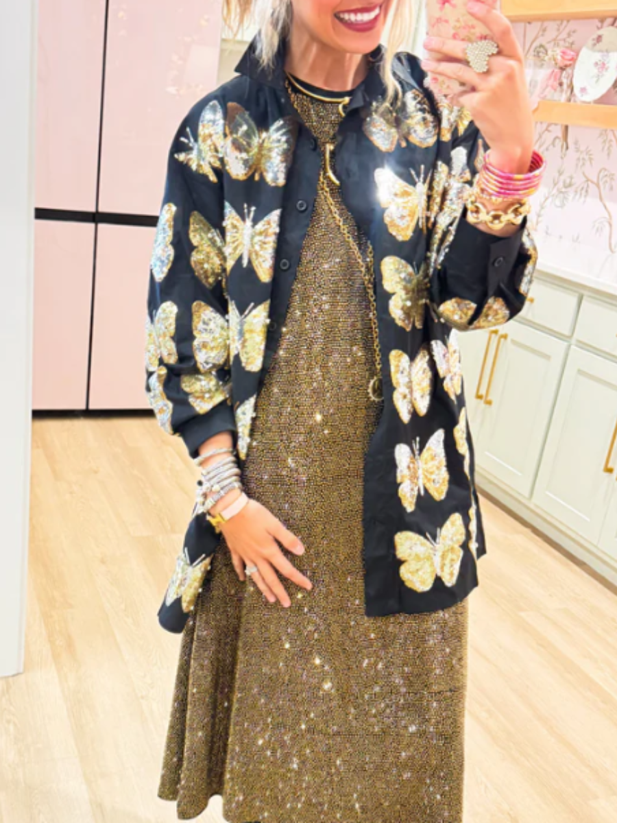 Golden Butterfly-Embellished Laps Coat